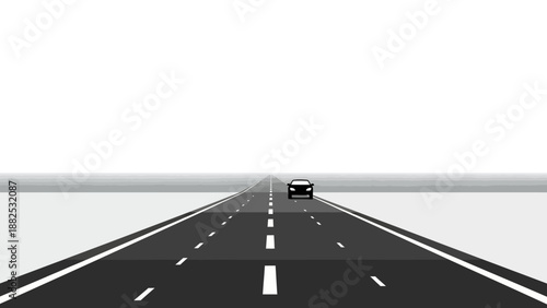 A sleek car drives down a straight, empty highway with white markings on a gray background, in a minimalist vector illustration.