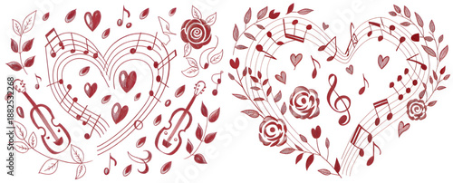 A romantic illustration of hearts, music notes, and flowers in red on a white background