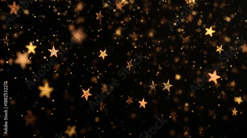 Golden Star Glitterfall on Black Background with Magical Sparkle.
