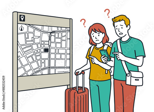 道に迷って案内板とスマホを見る外国人観光客のカップル