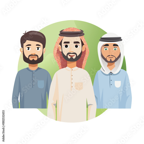 Muslim men. Modern arabic male characters wearing traditional arab clothes and stylish casual outfits, portraits of islamic people. Vector cartoon set