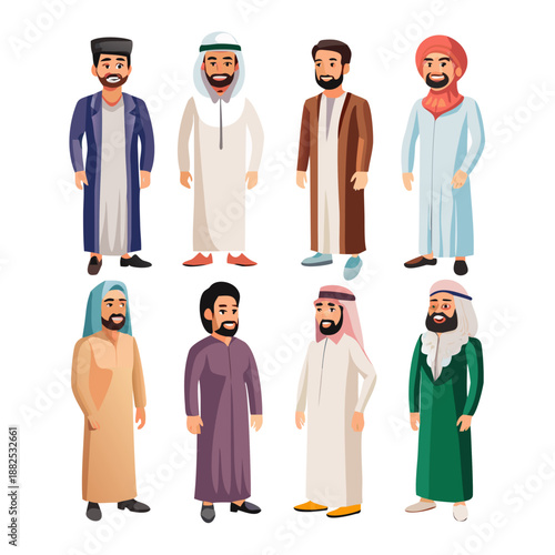 Muslim men. Modern arabic male characters wearing traditional arab clothes and stylish casual outfits, portraits of islamic people. Vector cartoon set