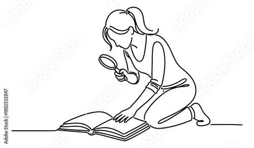 Hand drawn line art illustration of a woman depicting studying a book with a magnifying glass for research