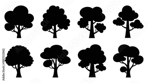 Collection of eight black tree silhouettes with rounded canopies, varying shapes, and trunk sizes