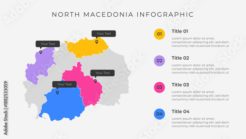 North Macedonia map infographic template with 4 options. North Macedonia political map infographic for presentation.