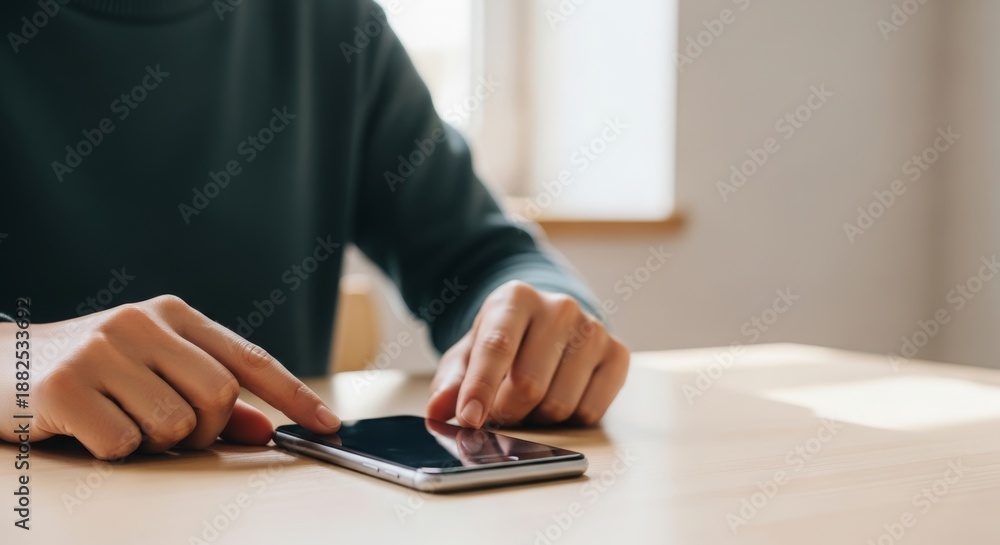Fototapeta premium Person slowly placing smartphone on table to take a break from screens. Concept of digital detox, mindful living, reduced screen time, and healthy tech habits with clean copy space