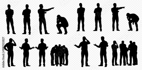 Collection of various male silhouettes in different poses and actions, depicting standing, pointing, thinking, and group interactions.