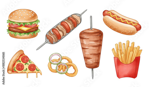 Fast food watercolor set with burger, pizza, hot dog, and fries isolated on transparent background