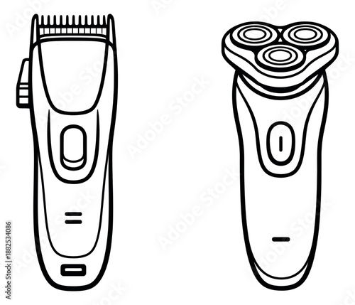 Line art grooming appliances set featuring an electric hair clipper and a rotary shaver for personal care