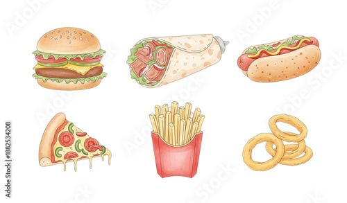 Minimal fast food watercolor vector icon set isolated on transparent background