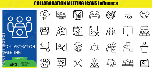 Set of 24 black and white collaboration meeting on white background people handshake