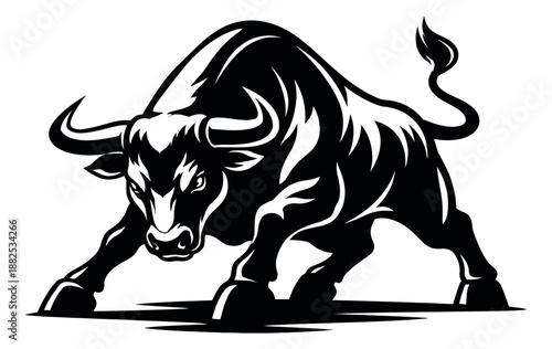 Powerful graphic illustration of a bull depicting a fierce stance for strength, finance, and sports concepts