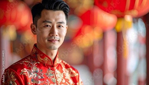 Portrait of Young Man in Red Traditional Tang Suit with Golden Embroidery and Blurred Red Lanterns Background