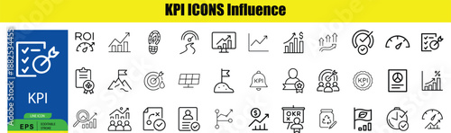 Set of 25 black and white K P I on yellow background with blue K P I influence