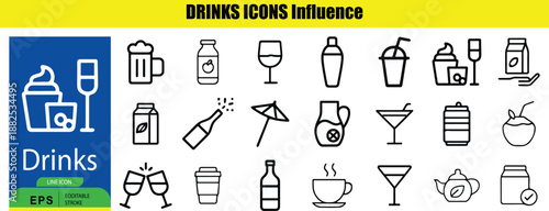 Set of black and white drink on white background with blue banner drinks