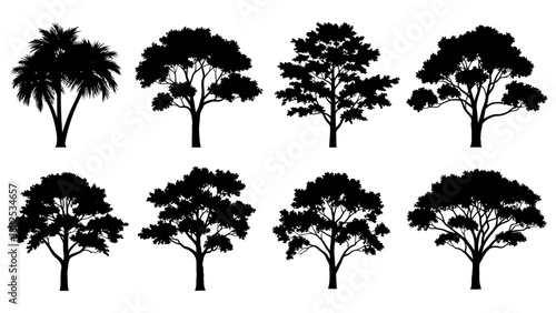 Collection of eight black silhouettes of various tree species, showcasing different shapes and sizes