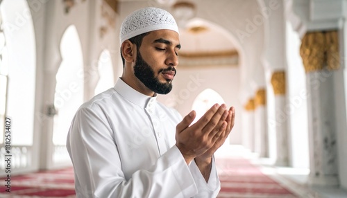 Muslim Man in White Clothes Praying at Mosque With White Walls and Red Carpet in Natural Lighting