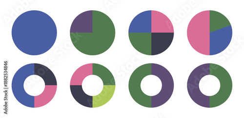 Pie Chart Color Icons, vector illustration of circle section graphs, infographic data, wheel diagrams, and pie chart symbols for analysis.