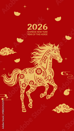 Chinese New Year 2026 Fire Horse running with lantern, traditional red and gold vector banner design