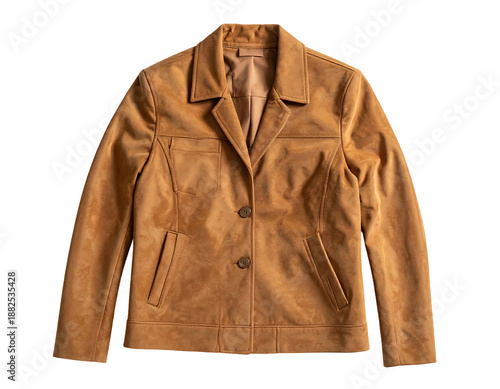 Tan suede blazer with two buttons, flap pockets, and notched lapels