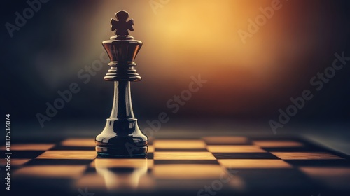 A single dark obsidian chess king stands majestically on a polished chessboard bathed in warm light creating dramatic shadows