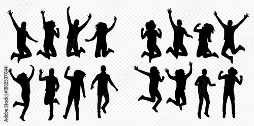 Silhouettes of happy people jumping and celebrating, expressing joy and freedom.
