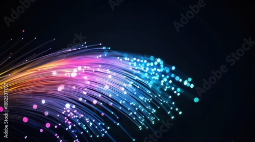 An intricate network of glowing fiber optic cables in shades of blue purple and pink symbolizing data transmission and digital connection