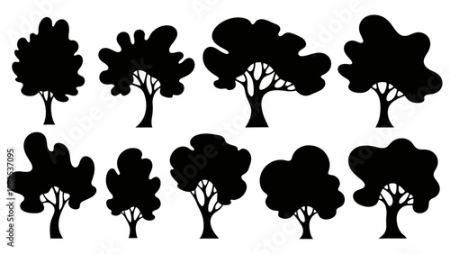 Twelve black silhouettes of various tree shapes with distinct branches and leafy canopies on a white background