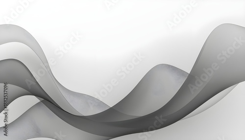 Abstract monochrome digital wave pattern featuring flowing translucent grey ribbons with subtle texture against a bright white background creating elegant motion.