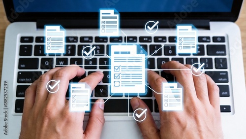 Hands typing on laptop keyboard with digital icons