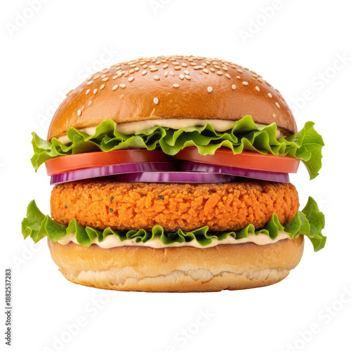 Delicious veggie burger with crispy patty, fresh vegetables, and sesame bun