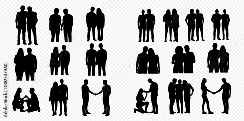 Diverse collection of couple and group silhouettes depicting various interactions and relationships.