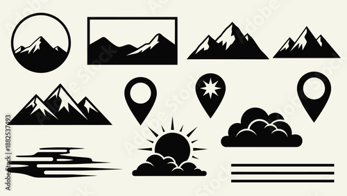 Collection of black and white mountain icons, location pins, sun, clouds, and landscape elements