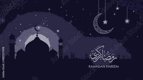 Ramadan Kareem greeting card with mosque silhouette, crescent moon, and stars at night.