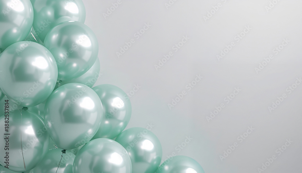 Fototapeta premium 金属光沢を帯びたミント色バルーンの集合、薄灰背景、人物なし