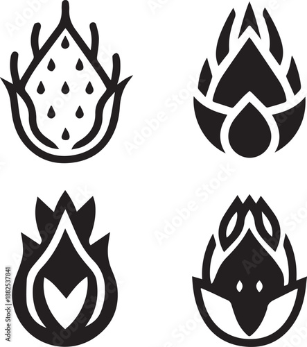 Dragon Fruit Silhouette Vector Set, Fruit Black Silhouette Icons