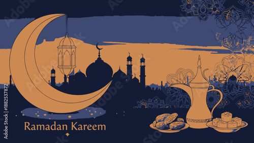 Ramadan Kareem greeting card with crescent moon, mosque, lantern, dates, and coffee pot in a traditional blue and gold color scheme.