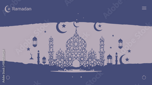 A graphic illustration of a mosque with crescents, stars, and lanterns, symbolizing Ramadan.