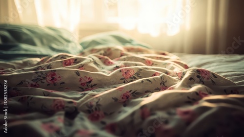 Close up of a rumpled bed with floral patterned sheets bathed in warm morning light streaming through a window