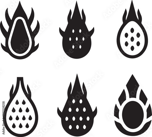 Dragon Fruit Silhouette Vector Set, Fruit Black Silhouette Icons
