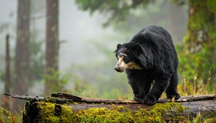 A black bear walking on a mossy log in a misty forest