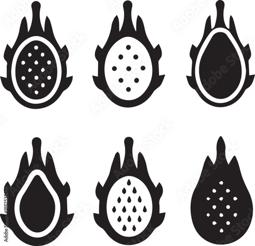 Dragon Fruit Silhouette Vector Set, Fruit Black Silhouette Icons