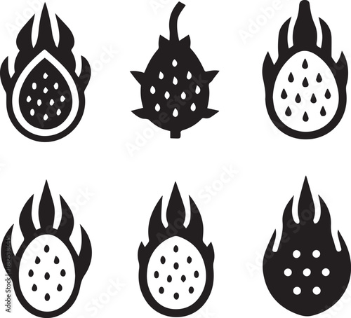 Dragon Fruit Silhouette Vector Set, Fruit Black Silhouette Icons