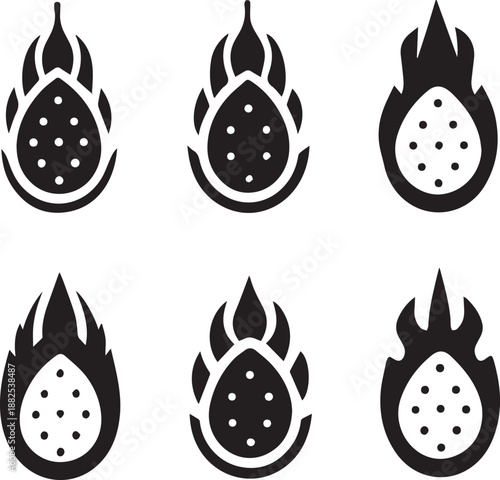Dragon Fruit Silhouette Vector Set, Fruit Black Silhouette Icons