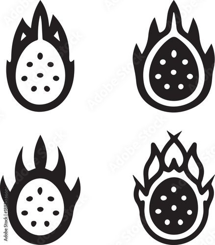 Dragon Fruit Silhouette Vector Set, Fruit Black Silhouette Icons