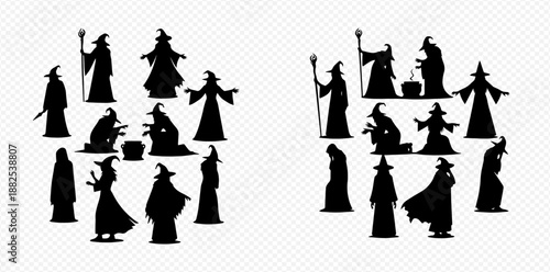 Set of dark wizard and witch silhouettes for Halloween and fantasy designs.