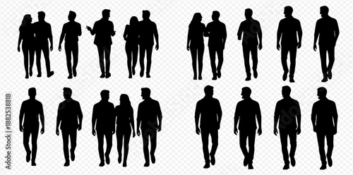 Set of diverse walking people silhouettes, including men, women, and couples, isolated on a transparent background.