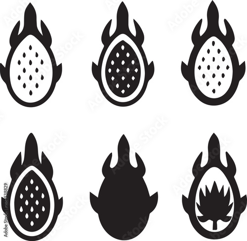 Dragon Fruit Silhouette Vector Set, Fruit Black Silhouette Icons