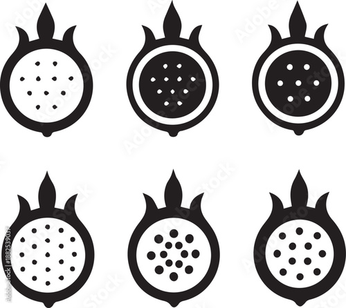 Dragon Fruit Silhouette Vector Set, Fruit Black Silhouette Icons