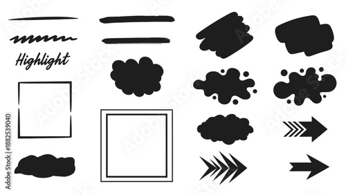 Collection of various black marker doodles including lines, squiggles, clouds, arrows, and frames